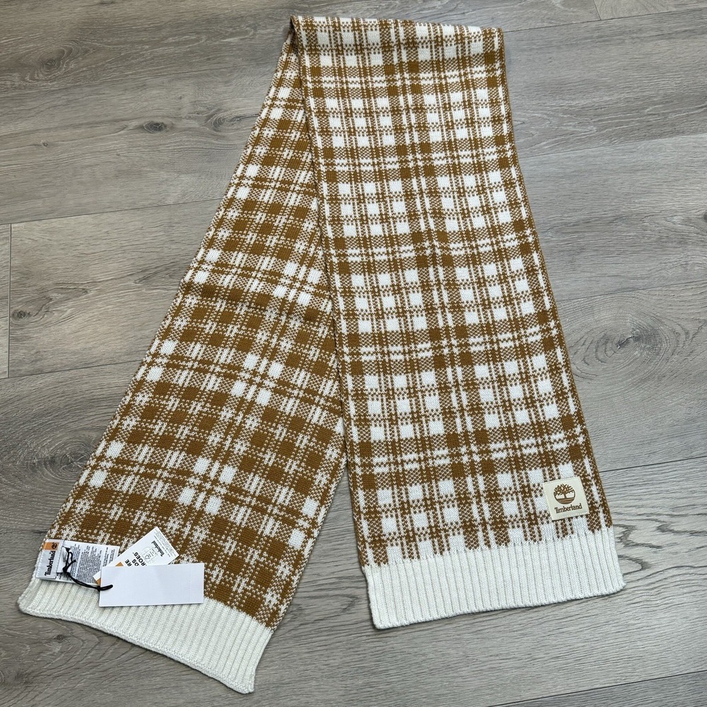 NWT Timberland‎ Brown White Plaid Knit Scarf OS WInter Warm Fashion Womens Wear